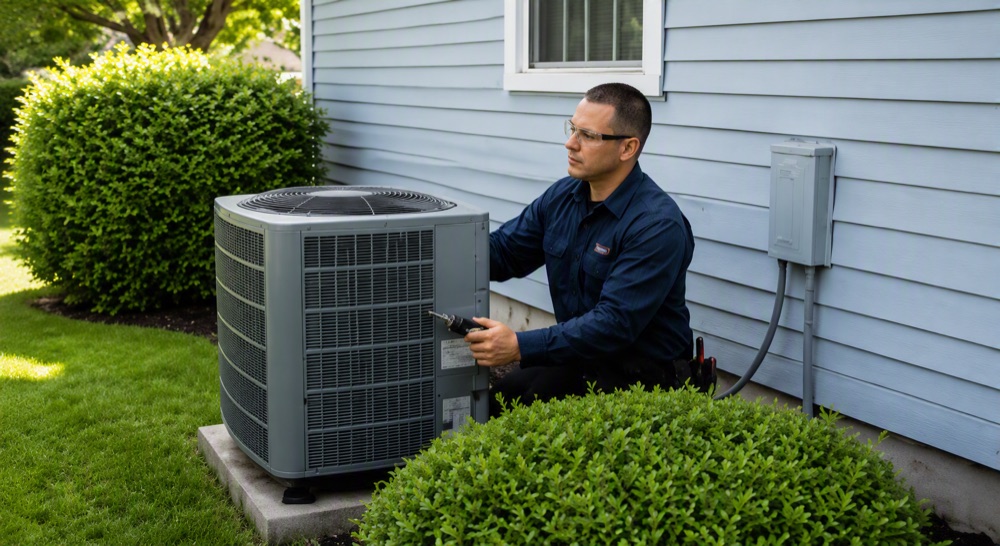 Technician servicing an air conditioner beside a manufactured home